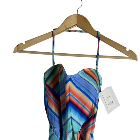 La Blanca Sunset Multicolor Bandeau Belted Tie Waist Stripe One Piece Swimsuit 4 - Picture 5 of 12
